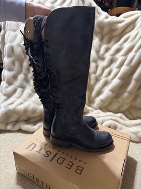 BED|STU Black Lace-Up Knee-High Leather Boots